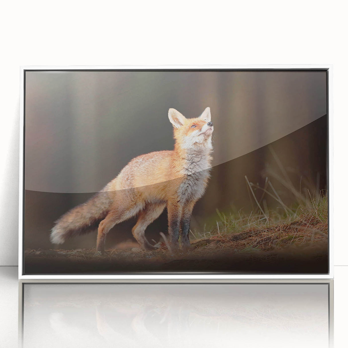 Mid-century modernist art depicting a serene Swedish landscape in muted earth tones on framed acrylic.