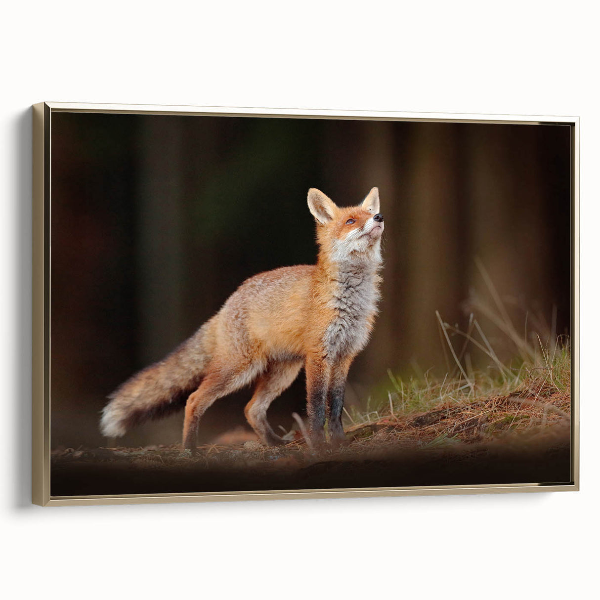 Framed canvas depicting a serene Swedish landscape in muted earth tones, ideal for bedroom wall decor.