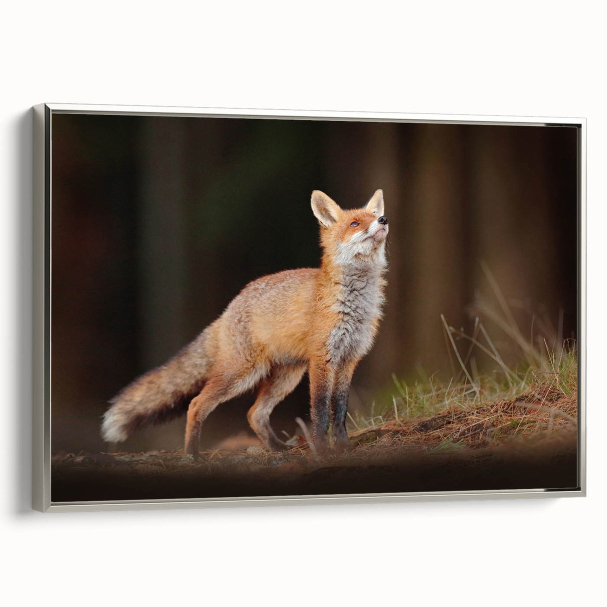 Landscape art painting of a serene Swedish scenery on a framed canvas, featuring muted earth tones.