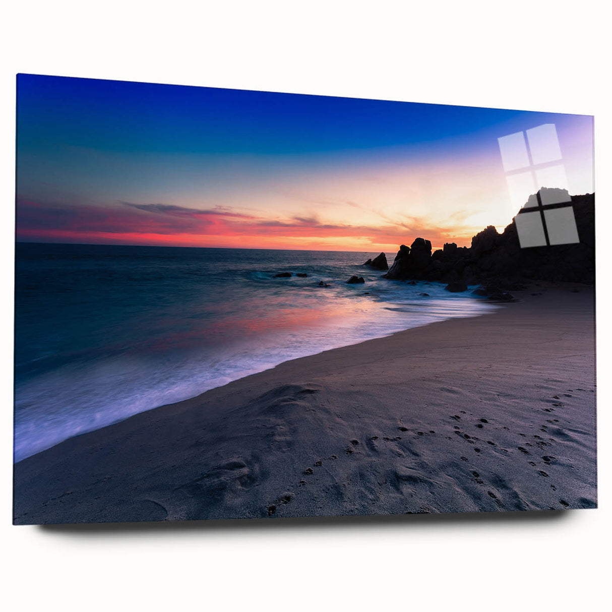 Acrylic print of Cabo San Lucas scenery in muted blue and tan tones, suitable for bedroom or dining room decor.