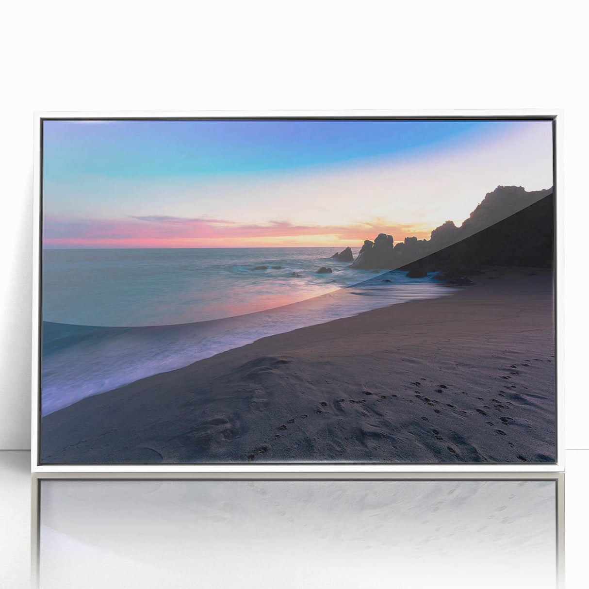 Framed acrylic print of Cabo San Lucas scenery in art deco style, featuring muted blue and white tones.