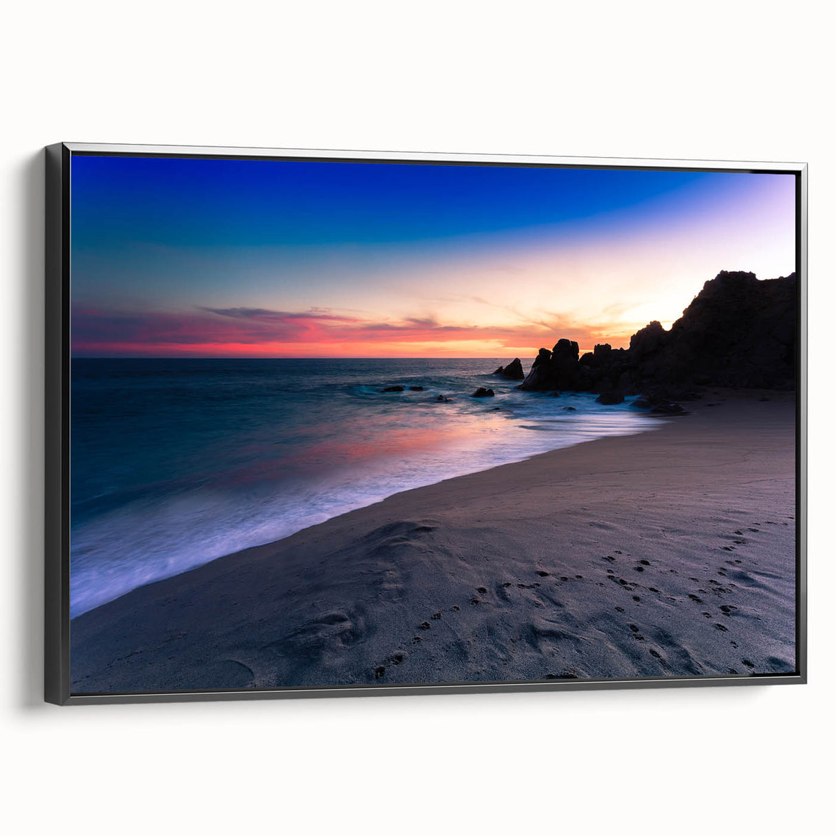 Black and white framed canvas of Cabo San Lucas landscape, ideal for bedroom wall art.