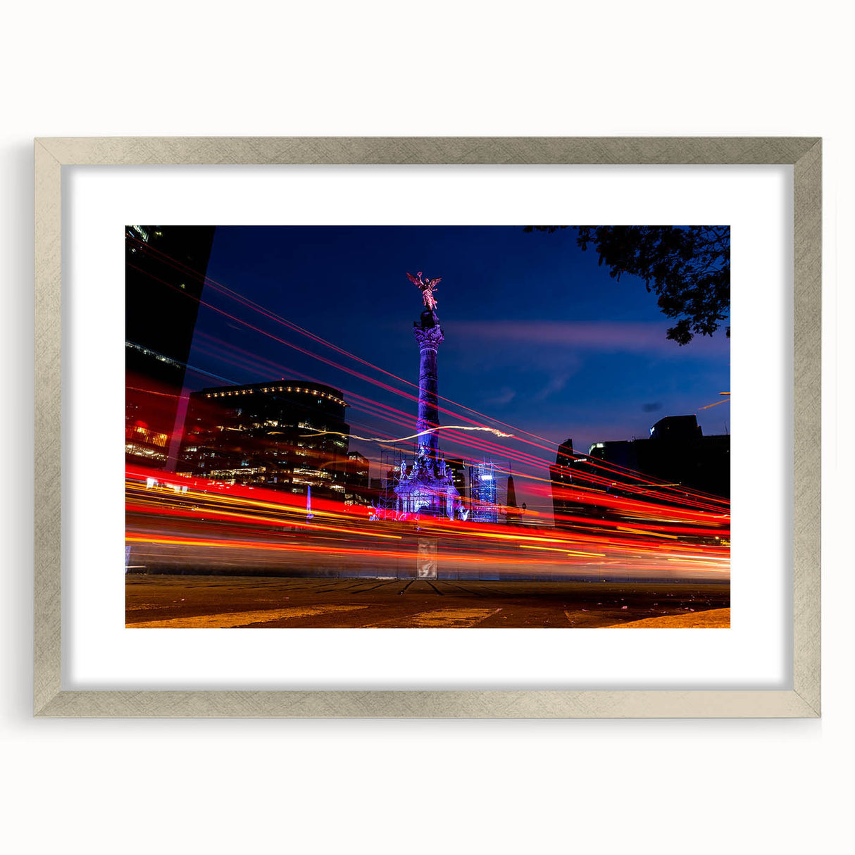 Textured abstract art print of Mexico City in silver frame with mat, featuring muted earth tones, ideal for bedroom art.