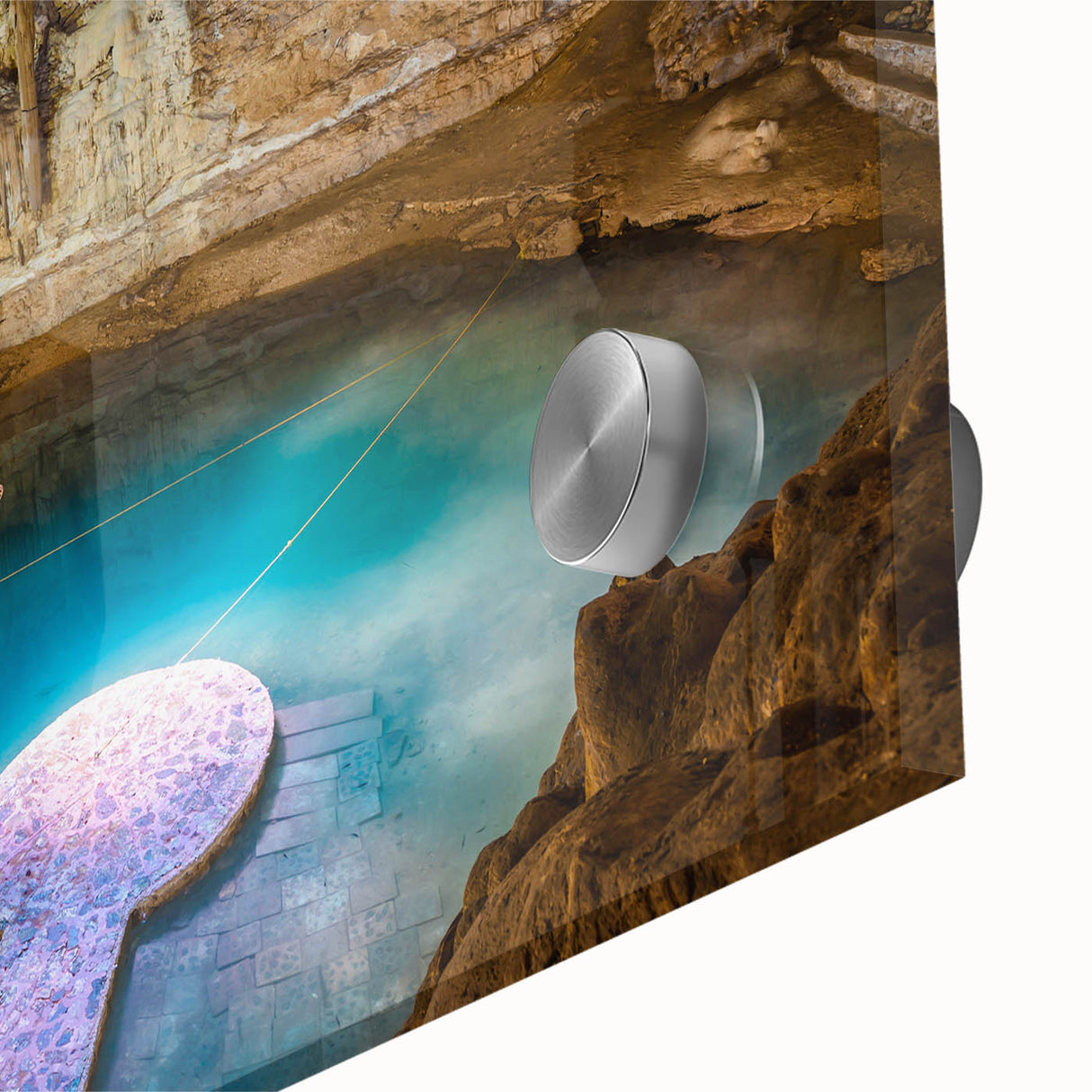 Mid-century modernist abstract depiction of Yucatan scenery in muted earth tones on large acrylic glass.