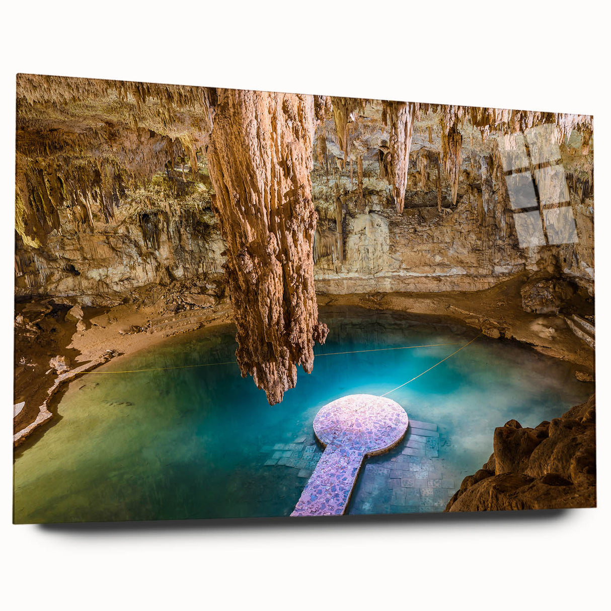 Large abstract depiction of Yucatan scenery, rendered in vibrant greens and blues on acrylic glass.