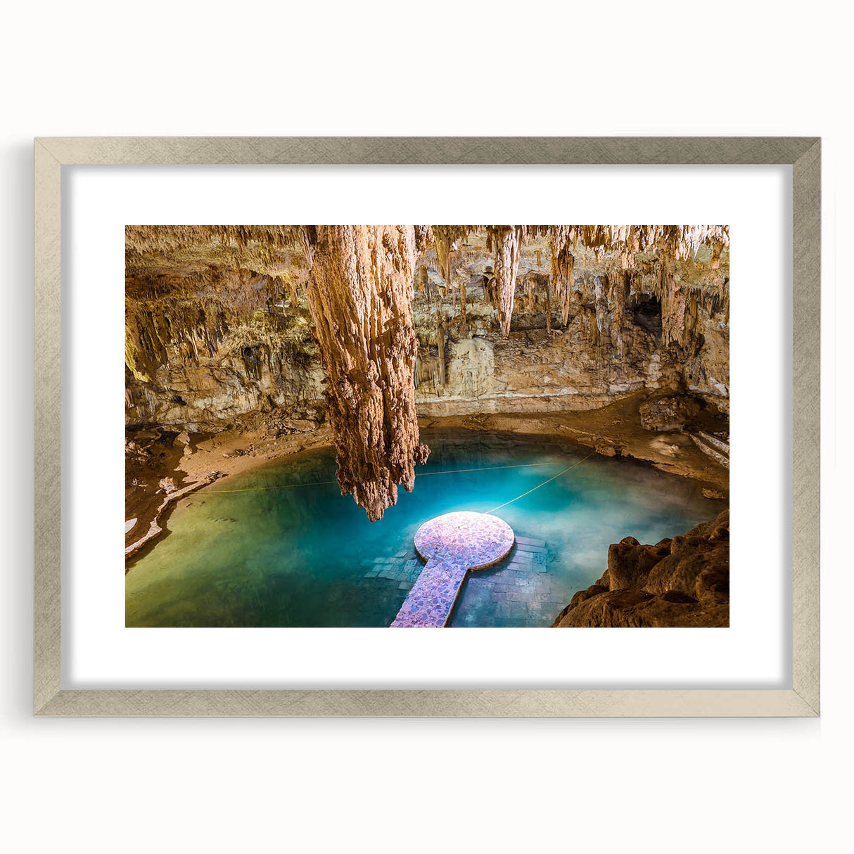 Textured abstract art print of Yucatán scenery in silver frame, featuring earthy tones, ideal for bedroom art.