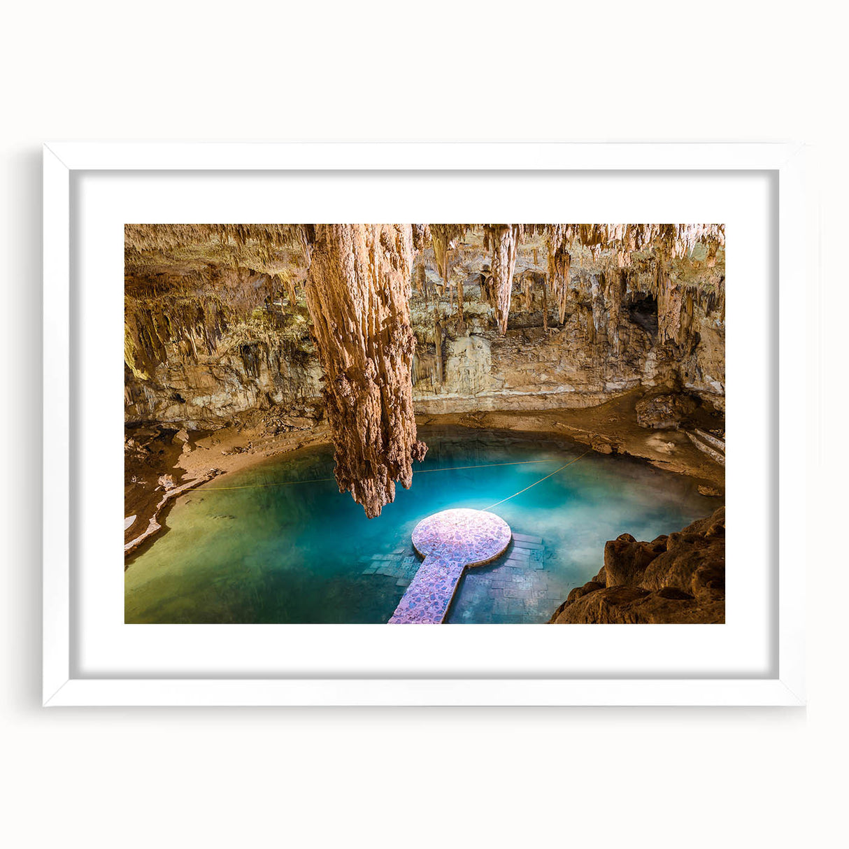 Abstract art print of Yucatan scenery in muted earth tones on a white framed canvas, suitable for dining room decor.