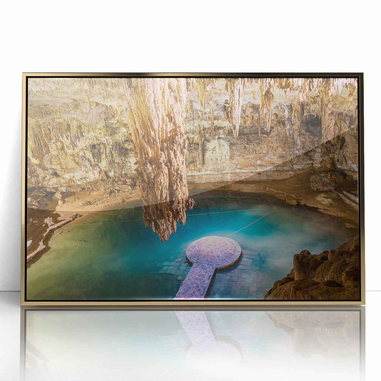 Mid-century modernist acrylic print of Yucatan scenery in gold frame, suitable for modern art wall decor.