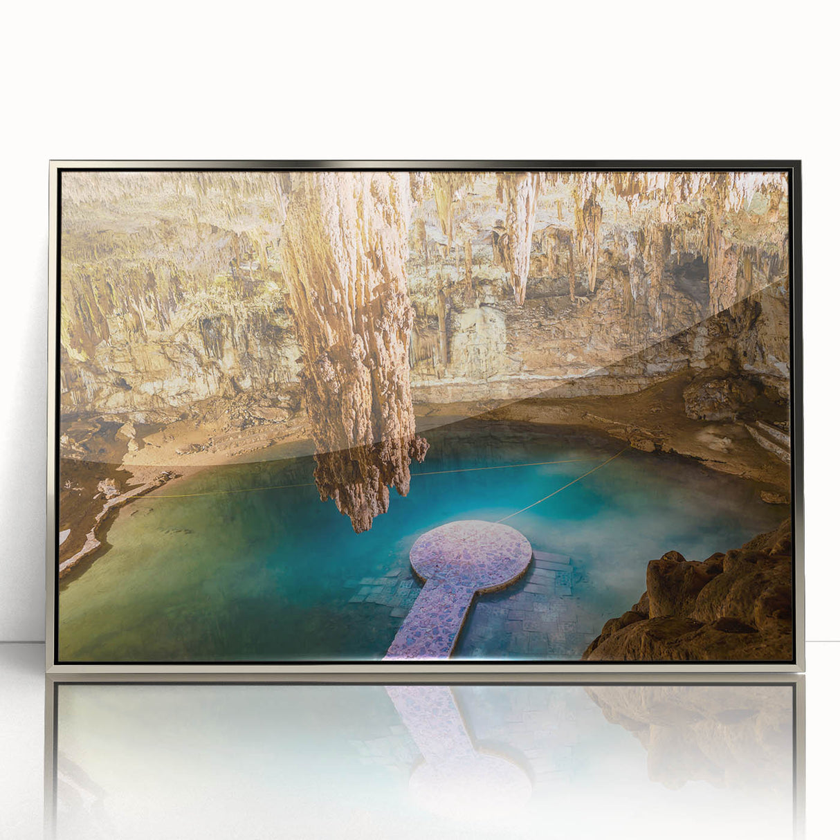 Mid-century modernist art depicting Yucatan scenery, in silver framed acrylic, with cool blue and green tones.