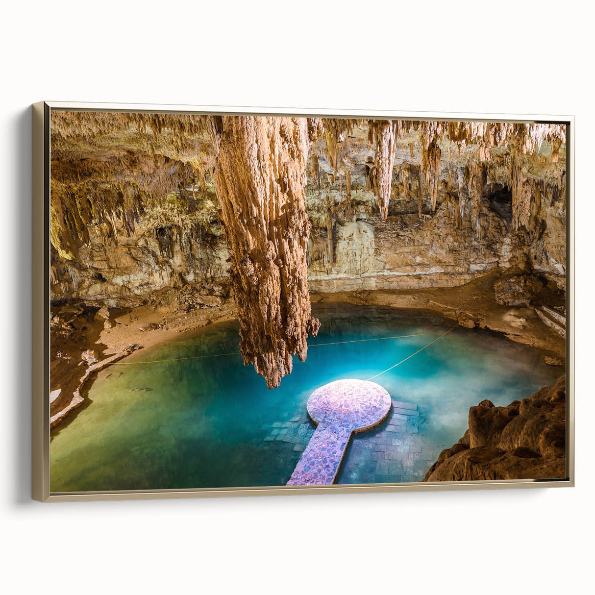 Framed canvas wall art featuring a vintage-style landscape of Yucatán, Mexico with black and gold tones.