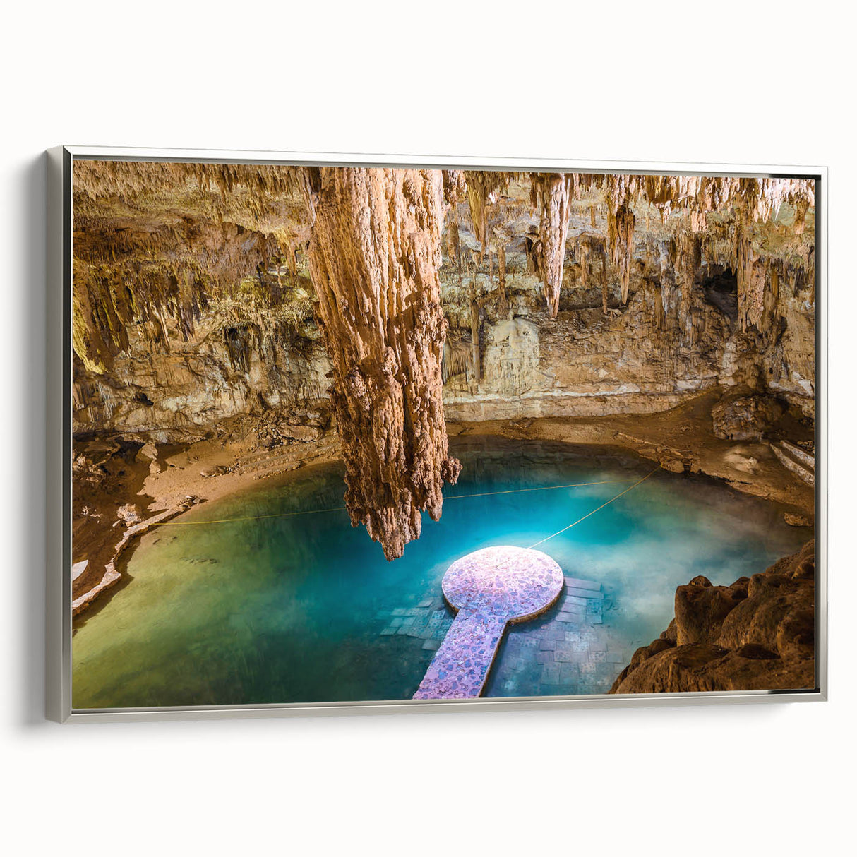 Landscape art painting of Yucatan scenery on framed canvas, featuring vibrant colors with a vintage poster style.