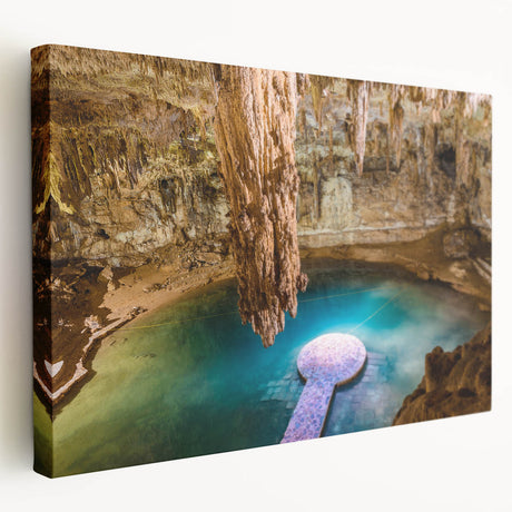 Large stretched canvas depicting a serene Yucatan landscape in muted earth tones, ideal for kitchen wall art.