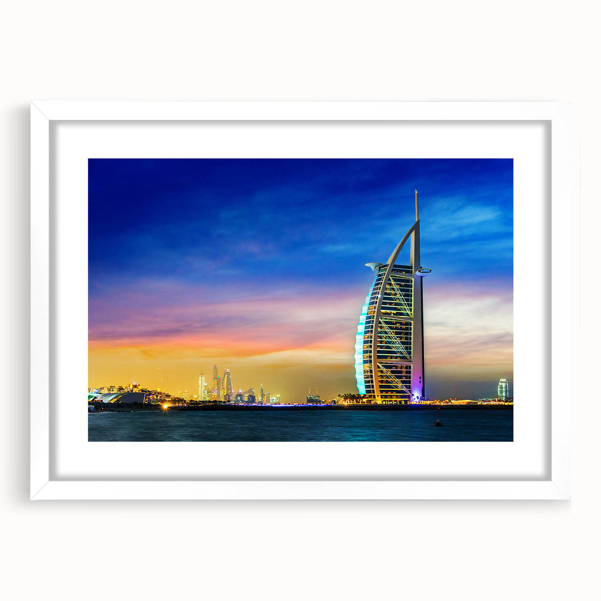 Abstract art print of Dubai skyline in muted gold and blue tones on a white matted frame, suitable for dining room decor.
