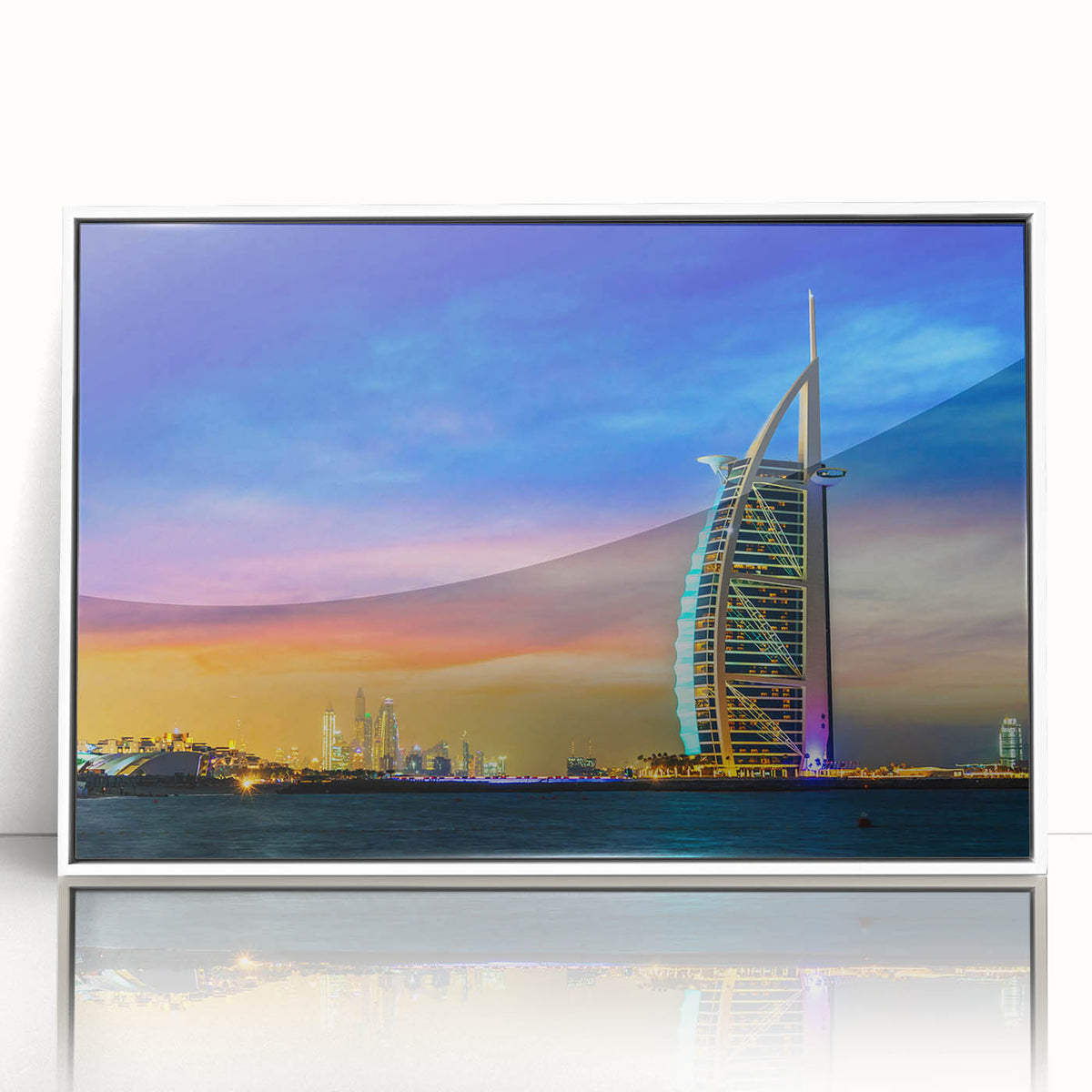 Art deco poster of Dubai skyline in muted gold and white tones on a framed acrylic, ideal for modern art wall decor.