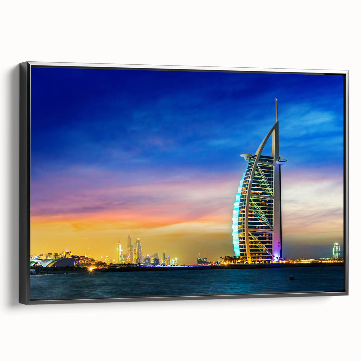 Black and white wall art featuring a vintage poster-style landscape of Dubai on framed canvas, suitable for bedroom decor.