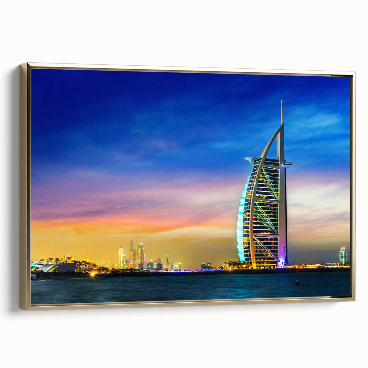 Dubai skyline landscape art on framed canvas, featuring black and gold tones, ideal for bedroom wall decor.
