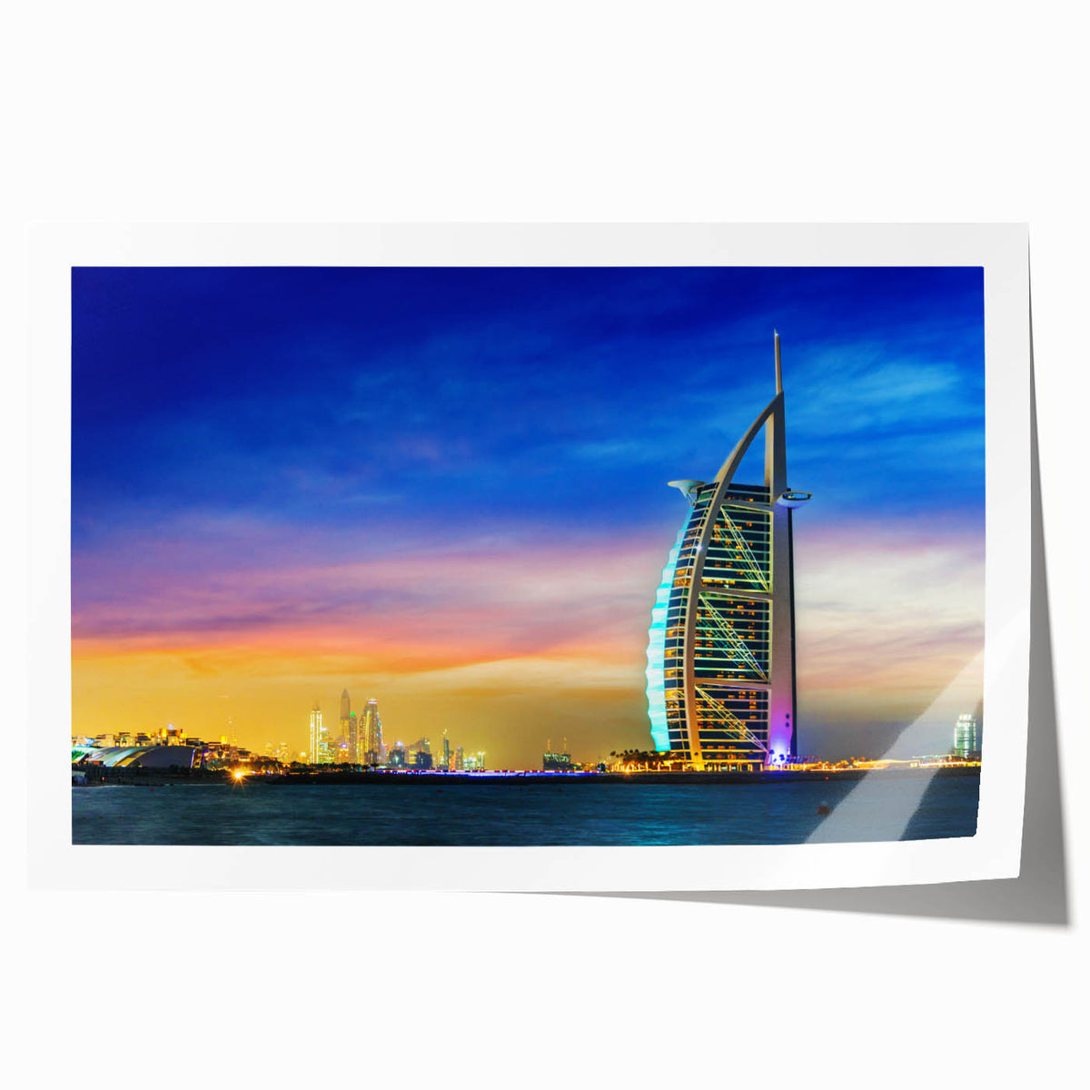 Panoramic view of Dubai skyline in muted gray and blue tones on a large rolled canvas, ideal for art wall dining room.