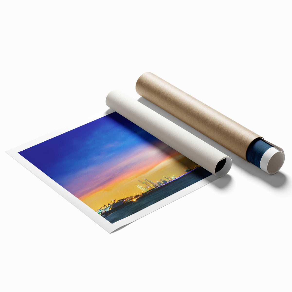 Extra large rolled print of Dubai skyline with soft pastel shades, ideal for classy bathroom wall art.