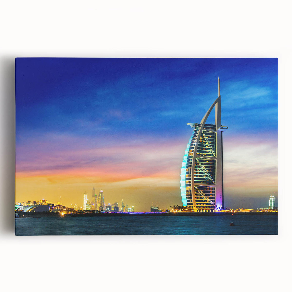 Black and white stretched canvas of Dubai skyline with minimalist design, ideal for kitchen wall art.