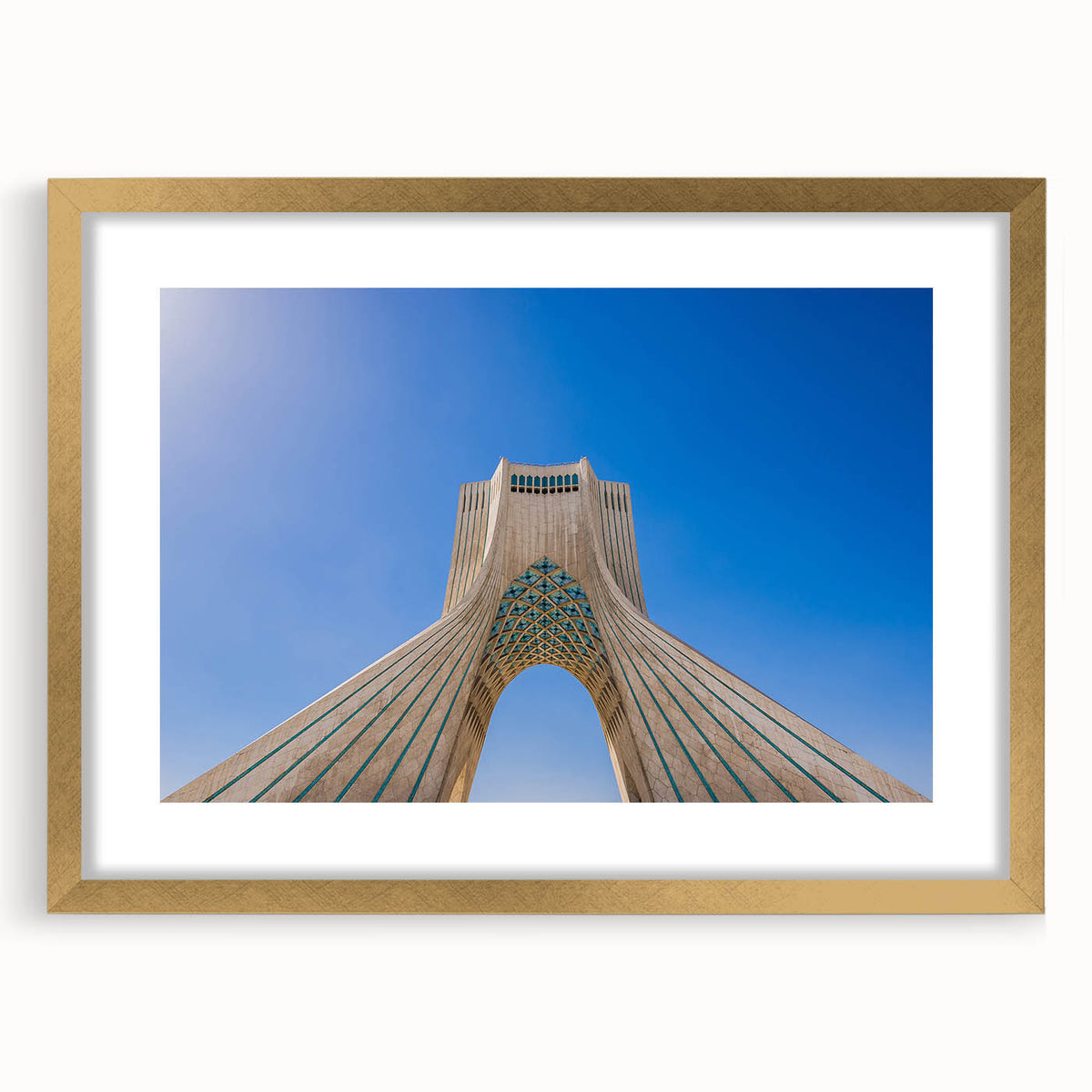 Extra large wall art featuring an abstract print of Middle-Eastern scenery in textured gold and earth tones.
