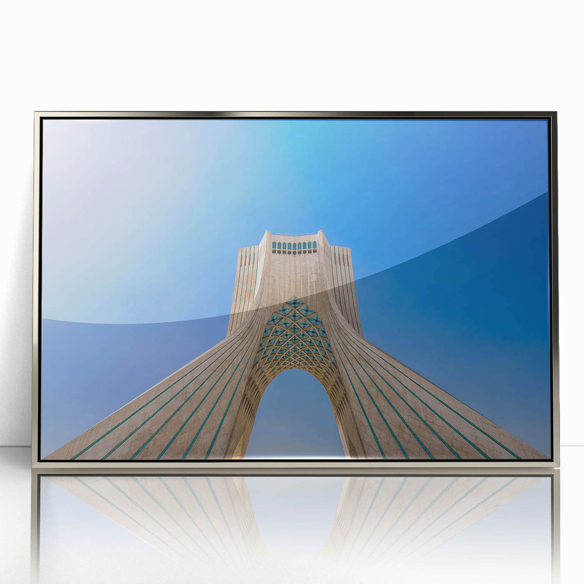 Mid-century modernist art depicting a serene Middle Eastern landscape in muted earth tones, silver-framed acrylic print.