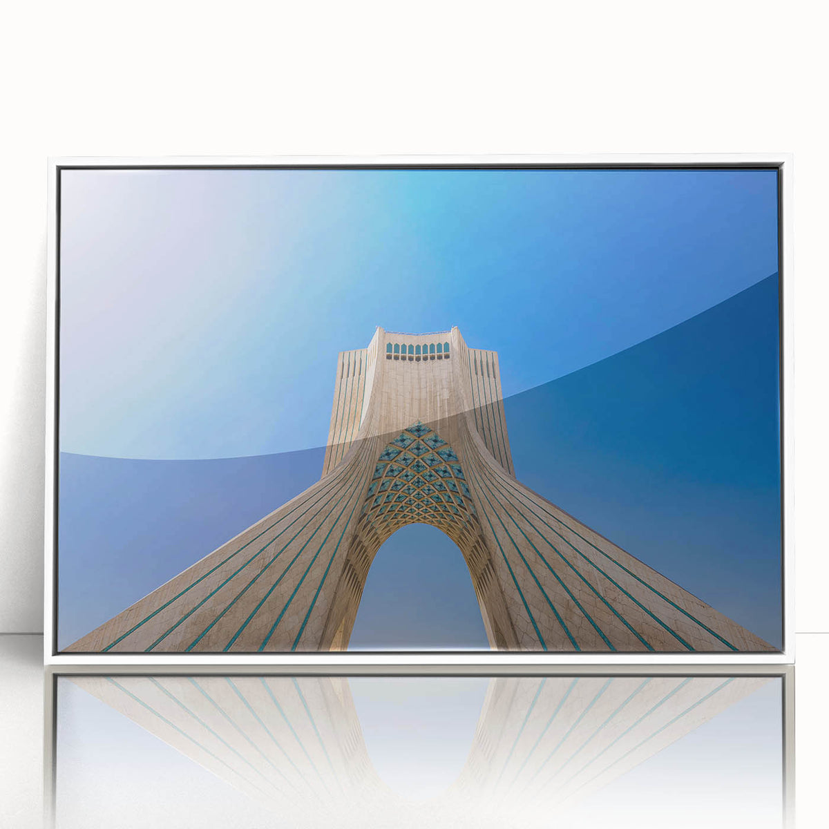 Art deco poster of a Middle Eastern scenery in Iran, framed acrylic with white borders, suitable for modern art wall decor.