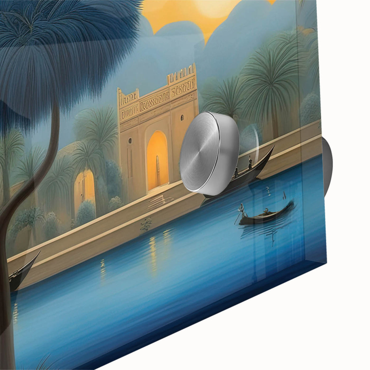 Large abstract wall art depicting a Middle Eastern scenery in muted earth tones on acrylic glass, ideal for dining room art.