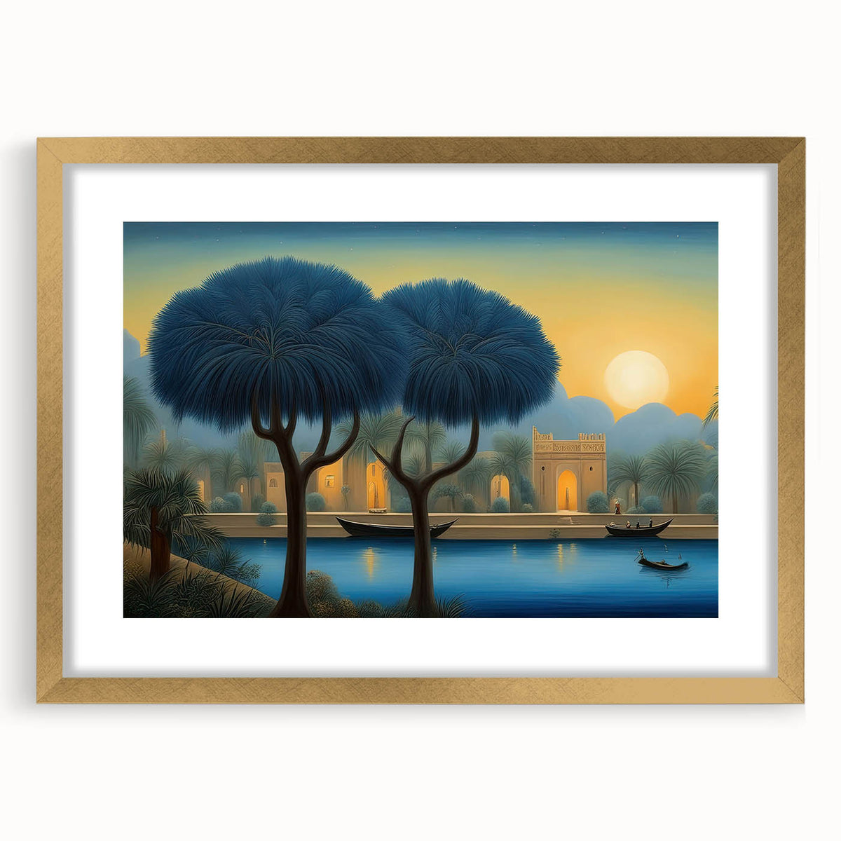 Extra large wall art featuring an abstract depiction of a Middle Eastern landscape in gold and beige tones.