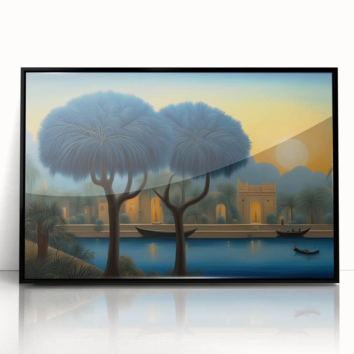 Large abstract wall art depicting a Middle Eastern scenery in black and gray tones on a framed acrylic.