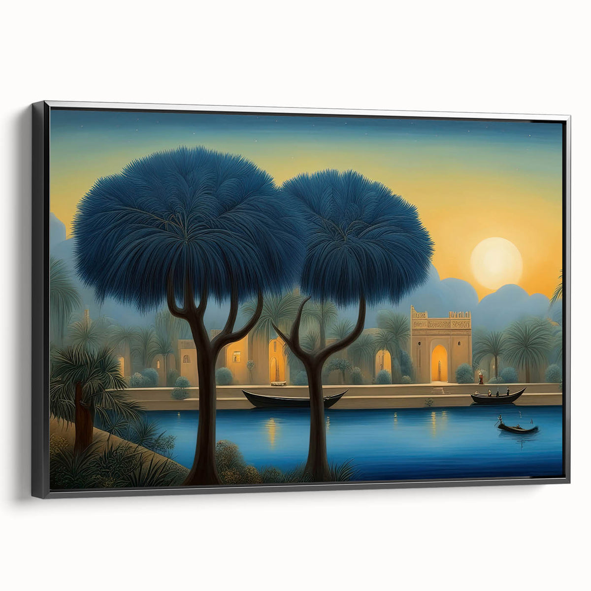 Black and white landscape art painting of a Middle Eastern scenery on framed canvas, ideal for bedroom wall decor.