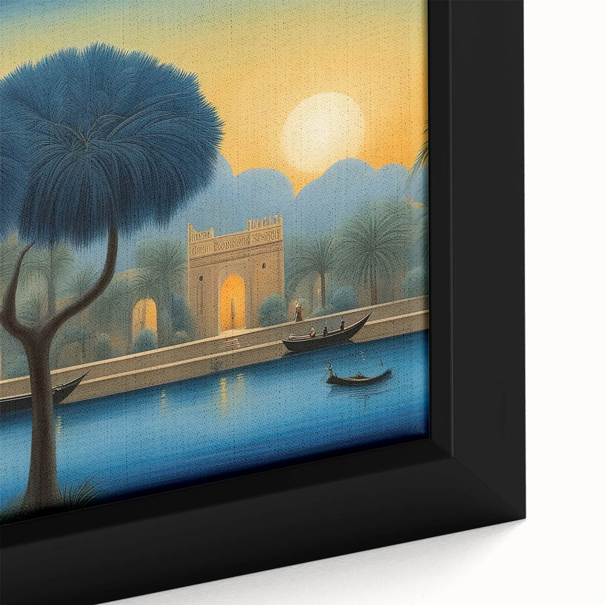 Extra large black wall art featuring a textured, colorful Middle Eastern scenery on a framed canvas.
