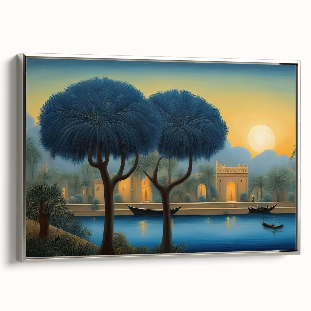 Landscape art painting of a Middle Eastern scenery on a silver-framed canvas, featuring muted earth tones.