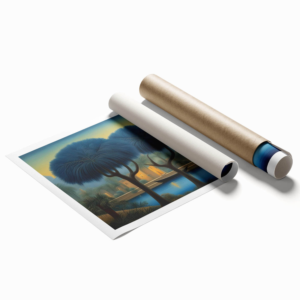 Extra large rolled print depicting Middle Eastern scenery with floral motifs in muted earth tones.