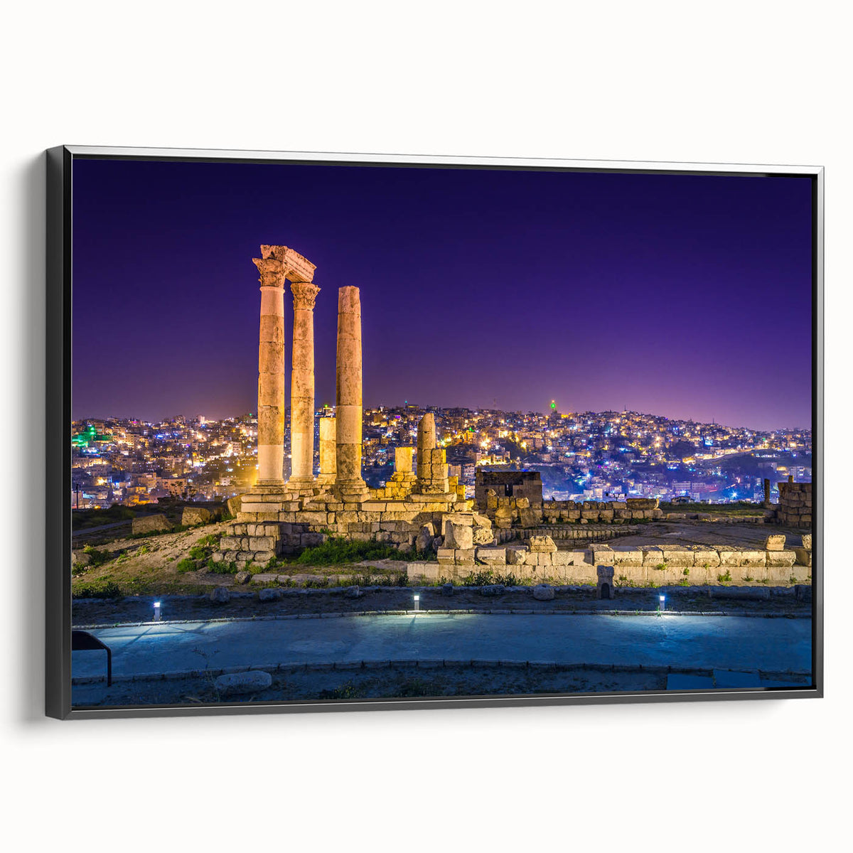 Black and white framed canvas featuring a vintage-style Jordan landscape, ideal for bedroom wall decor.