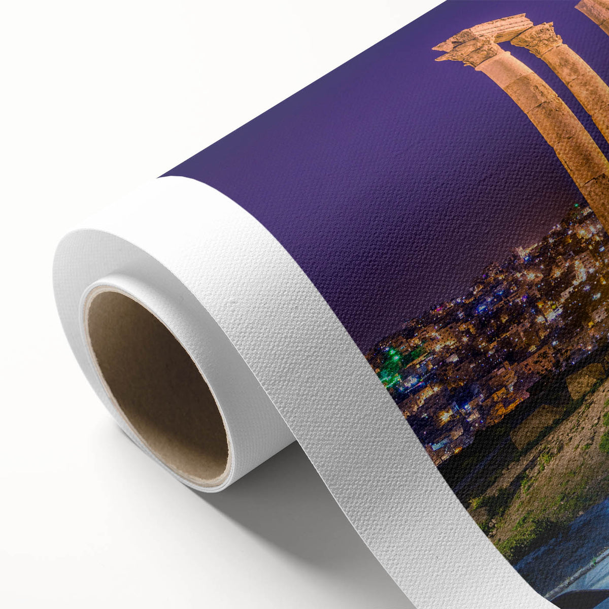 Art deco poster of Middle Eastern Jordan scenery on rolled canvas, featuring earthy color tones.
