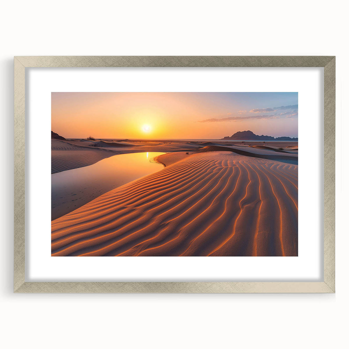 Textured abstract art print depicting a stylized Saudi Arabian landscape in muted earth tones, framed in silver.