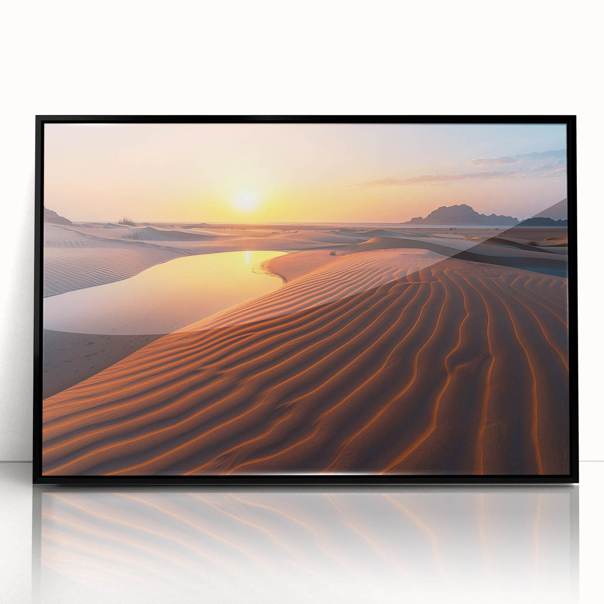 Large abstract wall art depicting a Middle Eastern scenery in muted earth tones on a framed acrylic.