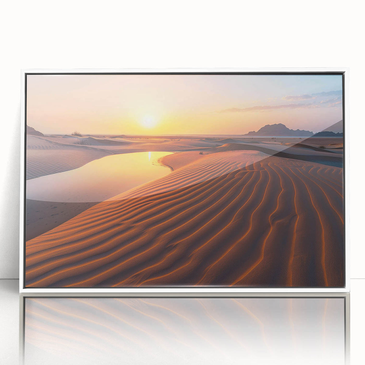 Art deco poster depicting a stylized Saudi Arabian landscape in muted earth tones on a white framed acrylic.