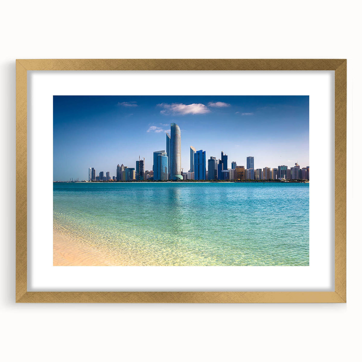 Abstract art print of a textured Abu Dhabi skyline in muted gold and white tones, framed with a gold mat.