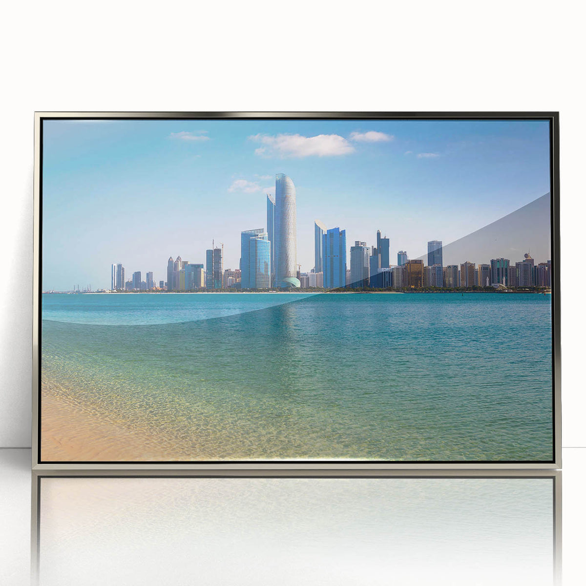 Mid-century modernist art of Abu Dhabi skyline in silver frame, acrylic print, suitable for modern art wall decor.