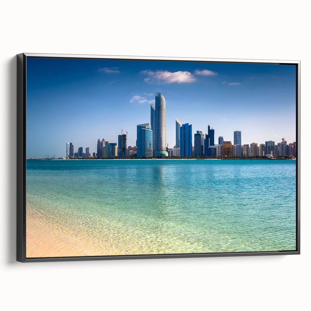 Black and white framed canvas of Abu Dhabi landscape, ideal for bedroom wall art.