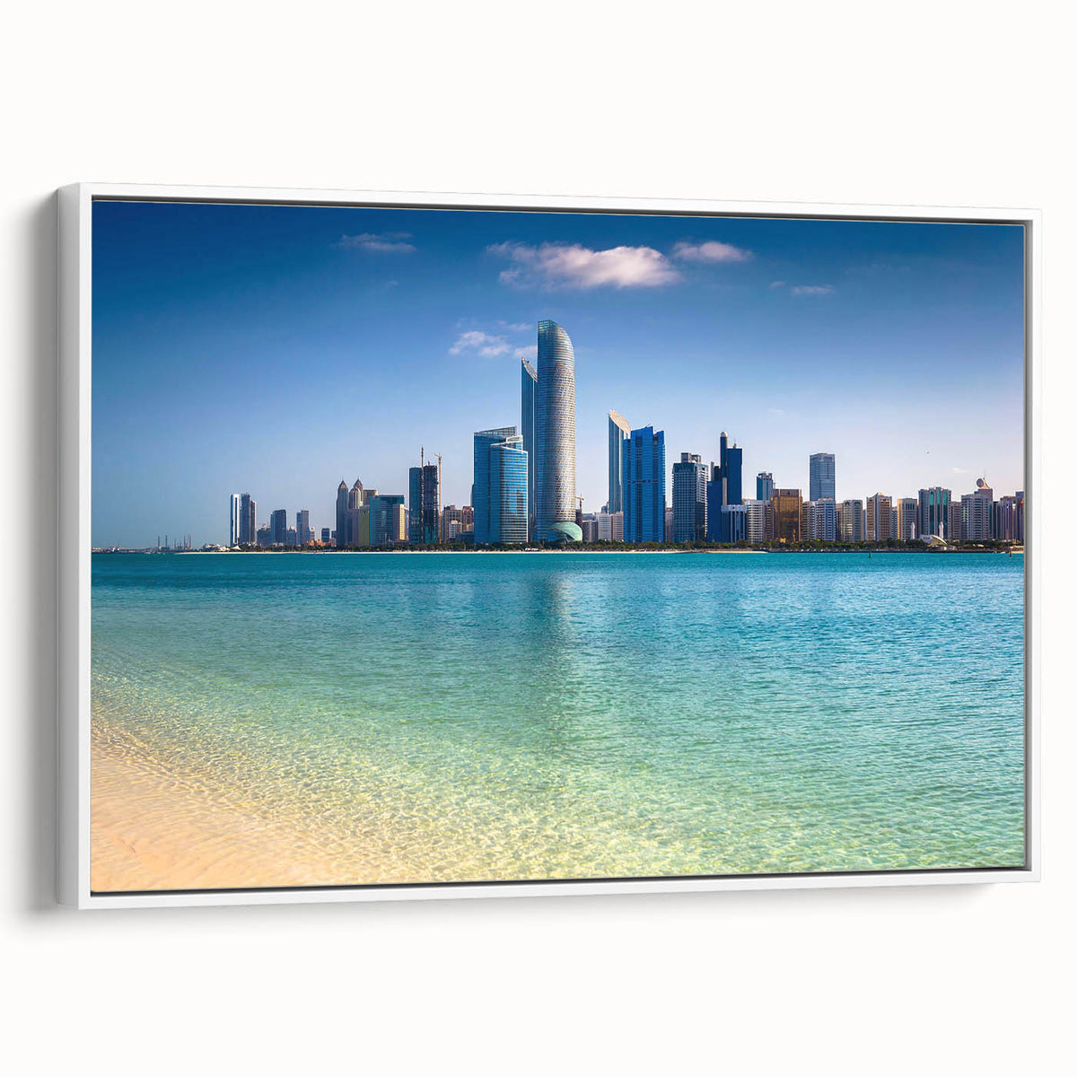 Vintage poster art of Abu Dhabi skyline in vibrant colors on a large framed canvas, suitable for living room decor.