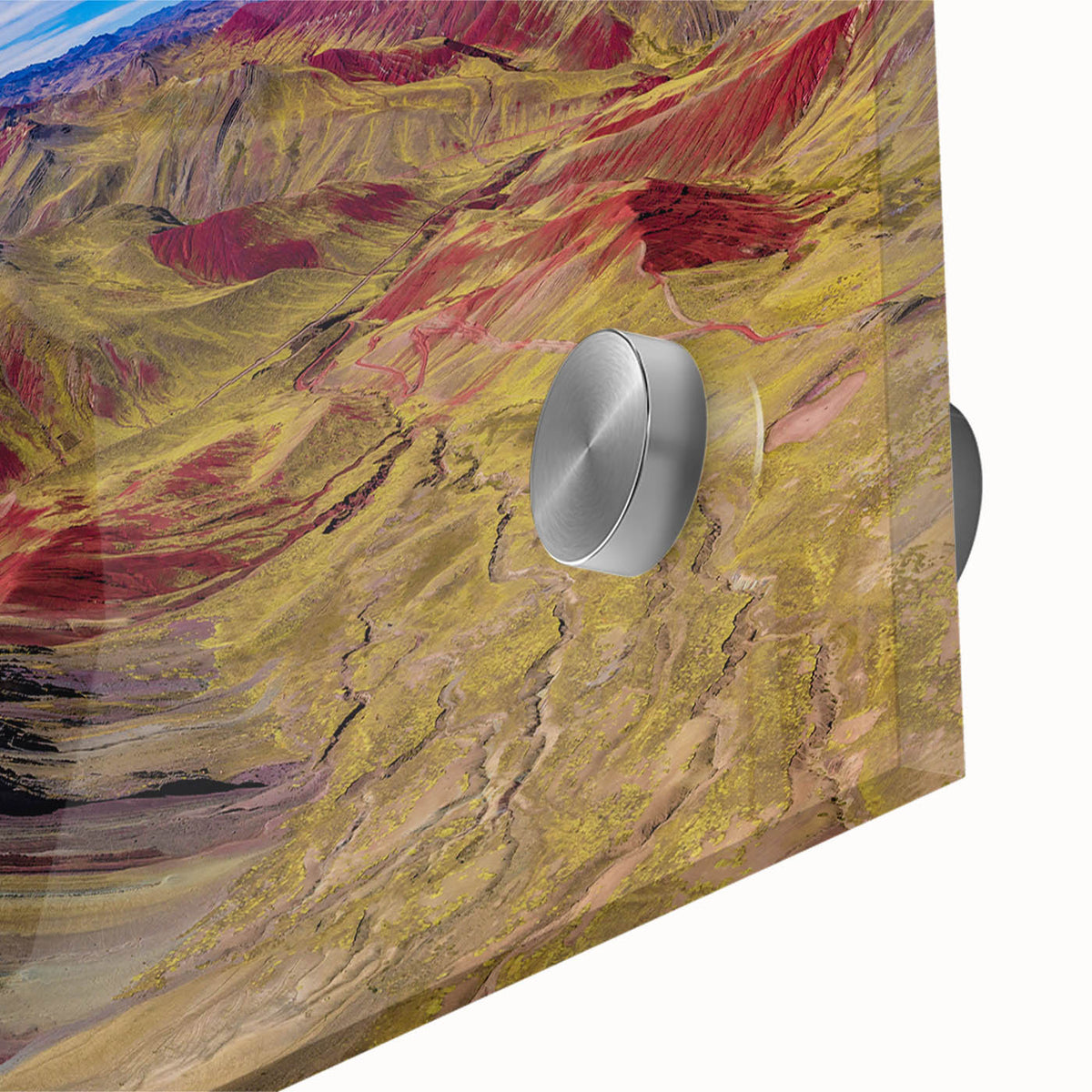 Large abstract depiction of a South American landscape in earthy tones on acrylic glass, suitable for dining room art.