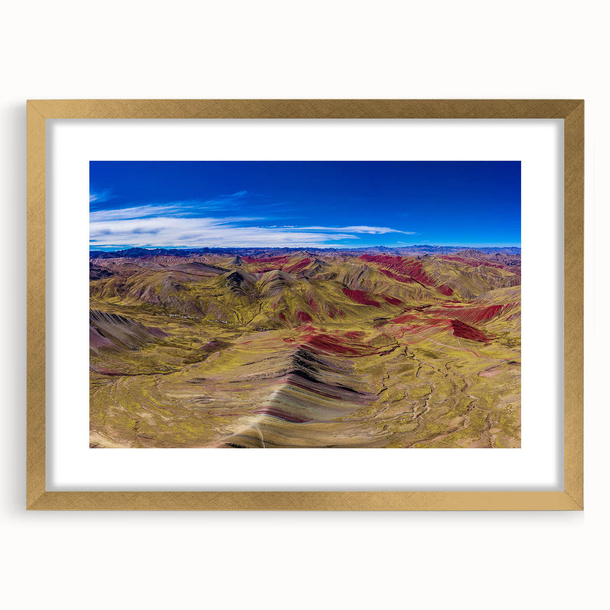 Extra large abstract art print of a textured South American scenery in a gold frame, suitable for living room decor.