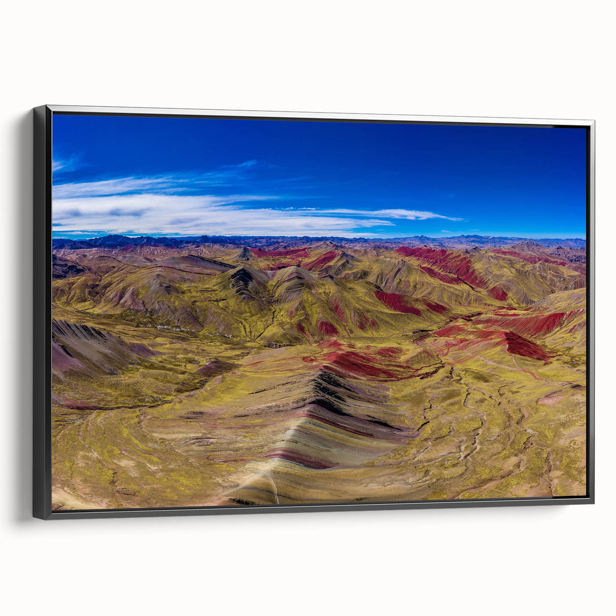 Black and white framed canvas of a Peruvian landscape, ideal for bedroom wall decor.