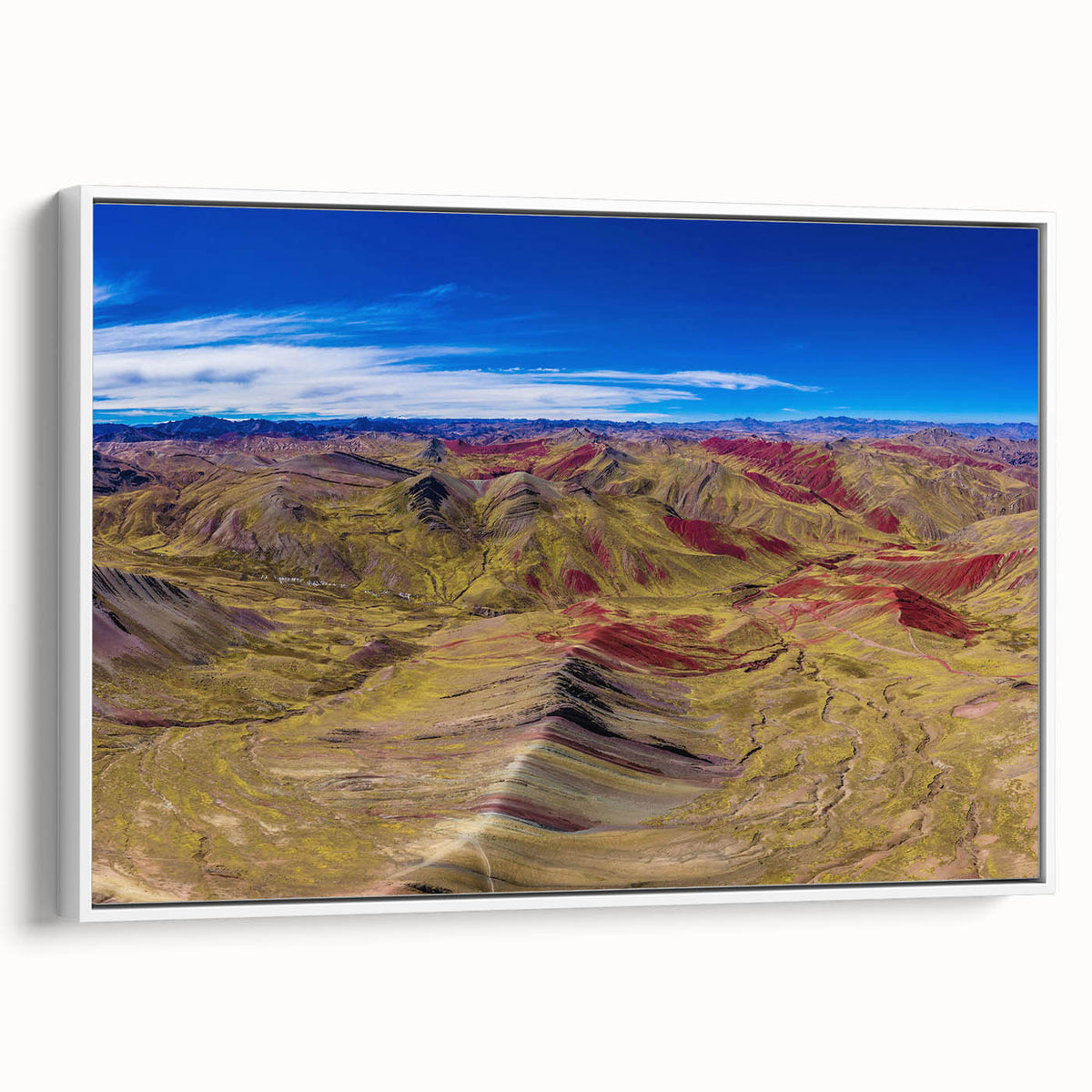 Vintage poster art of a Peruvian landscape in vibrant colors on a framed canvas, ideal for living room decor.