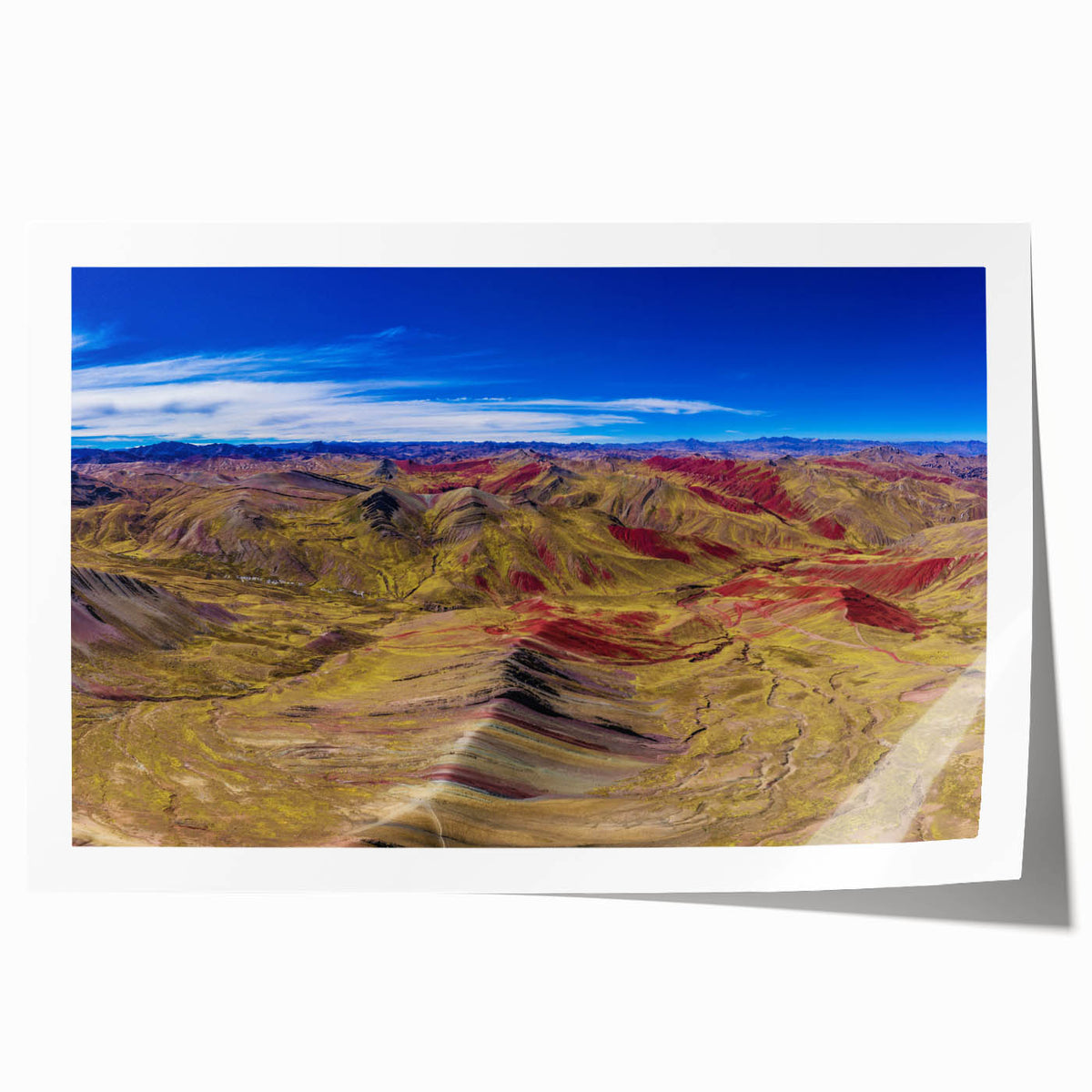 Extra large rolled print of a Peruvian landscape, featuring lush greenery and soft pastel shades.