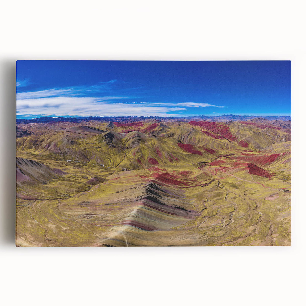 Black and white stretched canvas featuring a panoramic view of Machu Picchu, ideal for kitchen art.