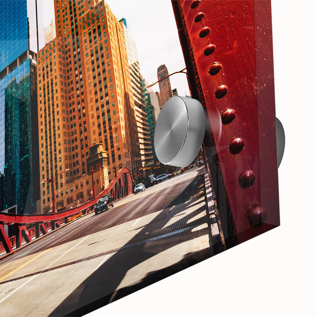 Large abstract depiction of Chicago skyline in muted blue and gray on acrylic glass, ideal for dining room art.