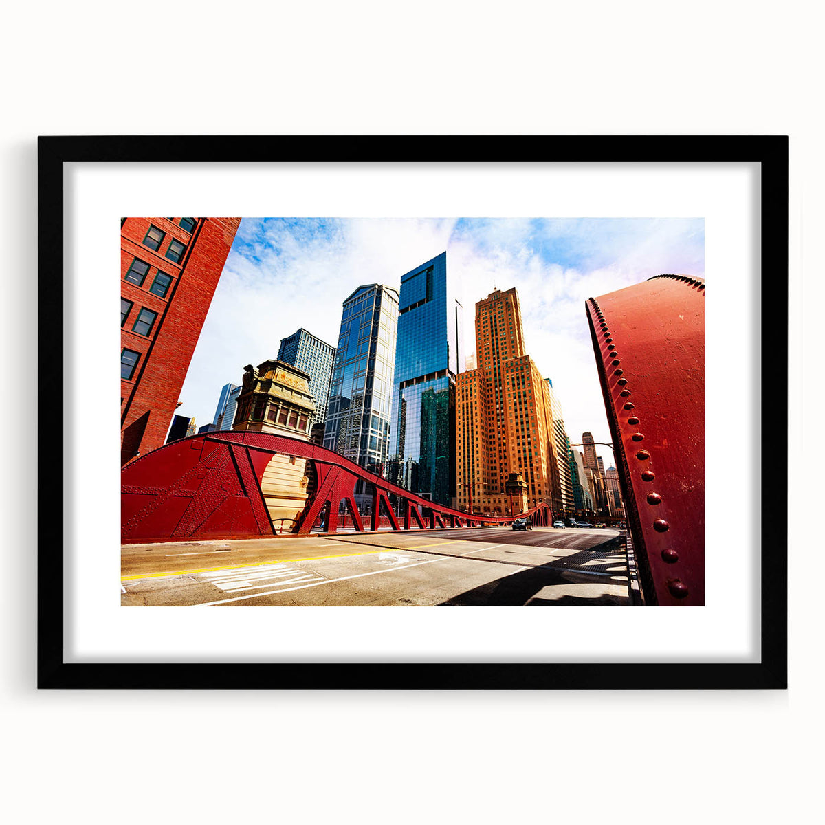 Extra large abstract art print of Chicago skyline in colorful, textured hues on framed black mat.